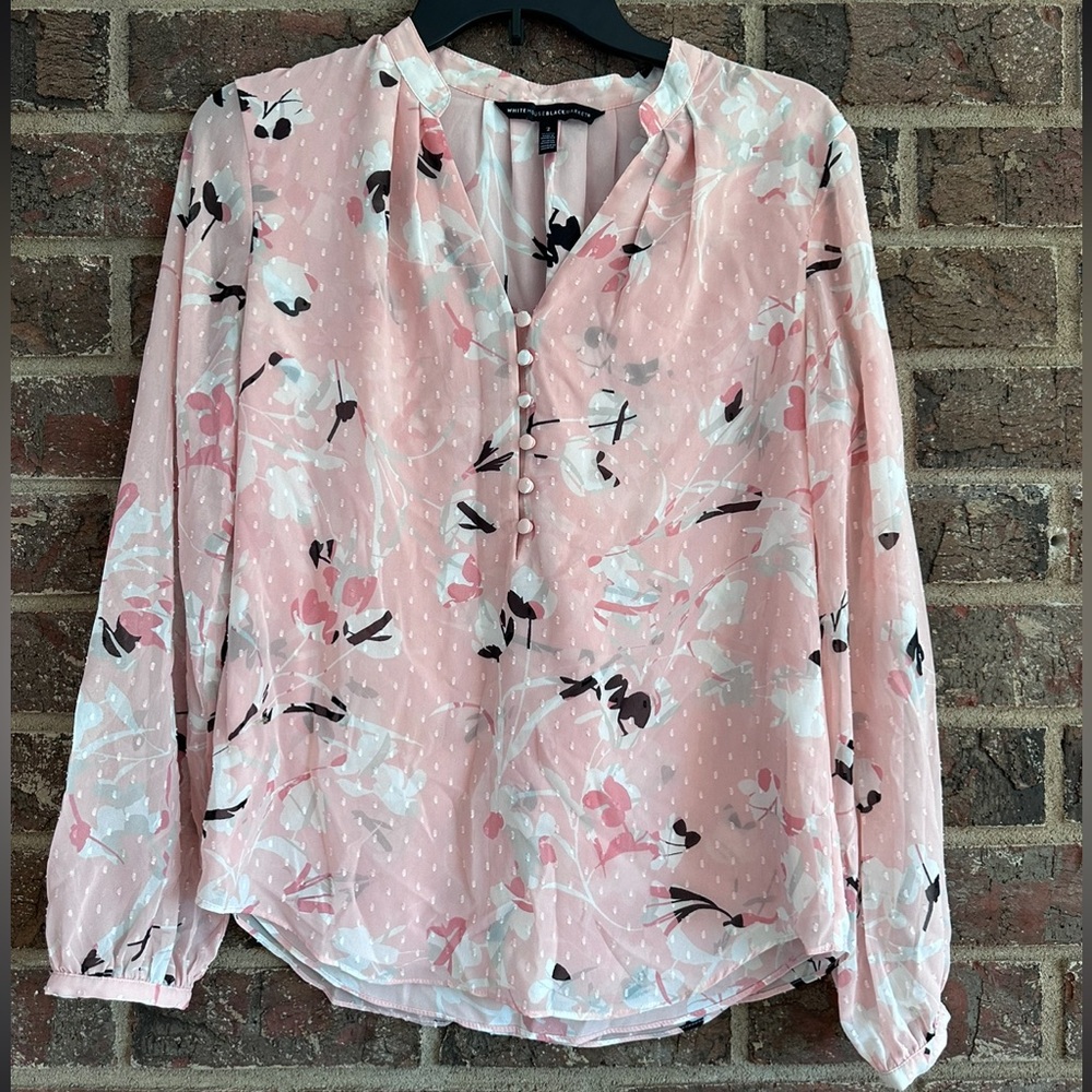 White House Black Market Pink Floral Chiffon Henley Blouse